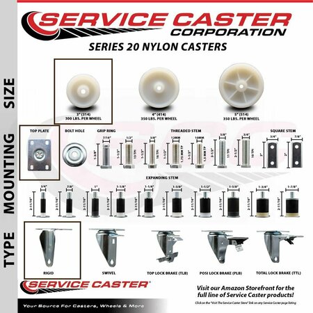 Service Caster 3'' Nylon Wheel Swivel Top Plate Caster Set with 2 Posi Brakes 2 Rigid, 4PK SCC-20S314-NYS-PLB-2-R-2